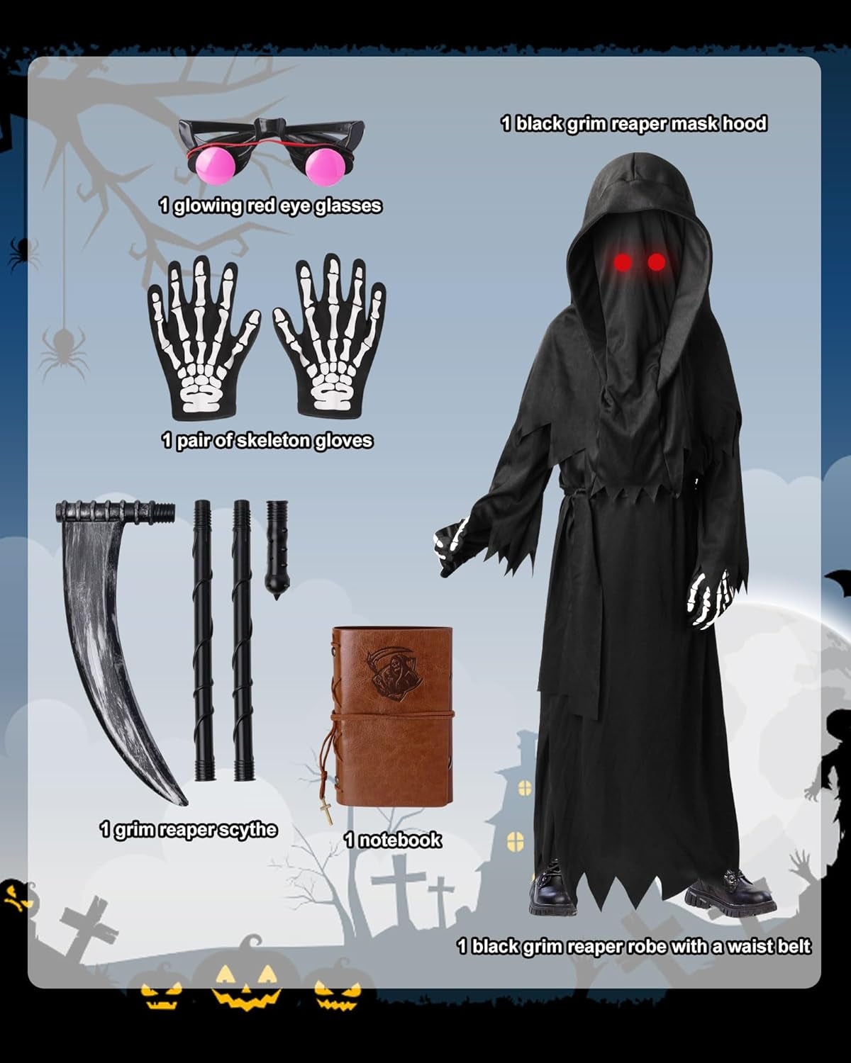 Grim Reaper Costume for Kids, Scary Halloween Costume for Boys with Glowing Red Eyes/Scythe/Notebook/Gloves