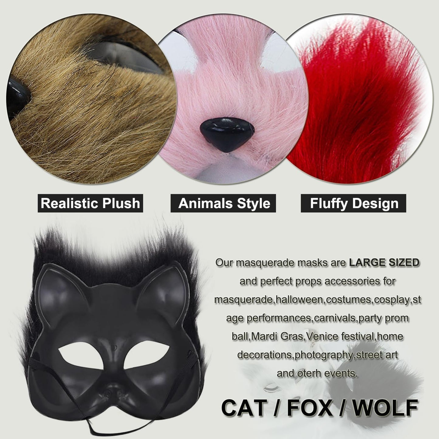 Halloween Scary Mask Masquerade Mask Faux Fur Fox Cat Bear Animal Furry Plush Mask Fluffy for Halloween Costume Party