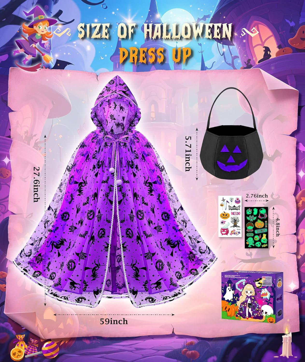 Light up Witch Cape, Halloween Costumes for Girls Halloweens Dress up with Trick or Treat Bag for Girl 3 4 5 6