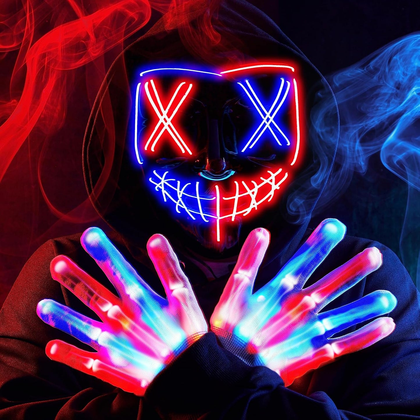 Halloween Led Mask, Light up Mask and Gloves for Cosplay Costume (Green & Purple), 3 Modes Scary Glow in the Dark Masks for Boys Girls Halloween Party Dress up Accessories, Gifts Giving