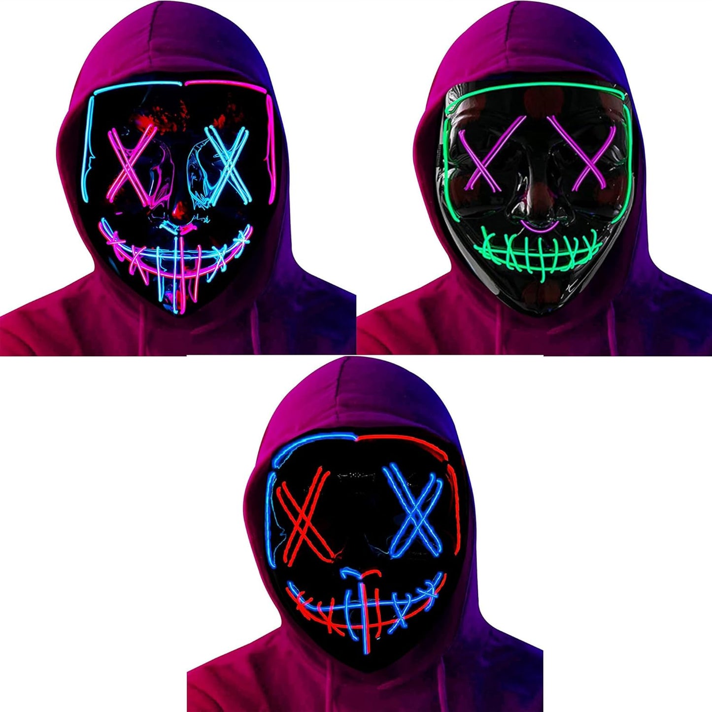 3 Packs EL Mask Led Light up Halloween Mask for Adult/Cosplay/Masquerade