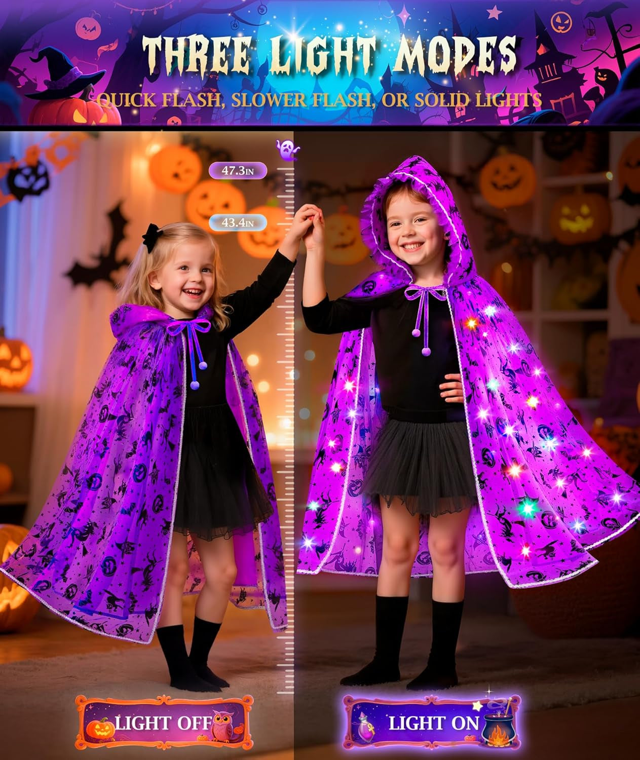 Light up Witch Cape, Halloween Costumes for Girls Halloweens Dress up with Trick or Treat Bag for Girl 3 4 5 6