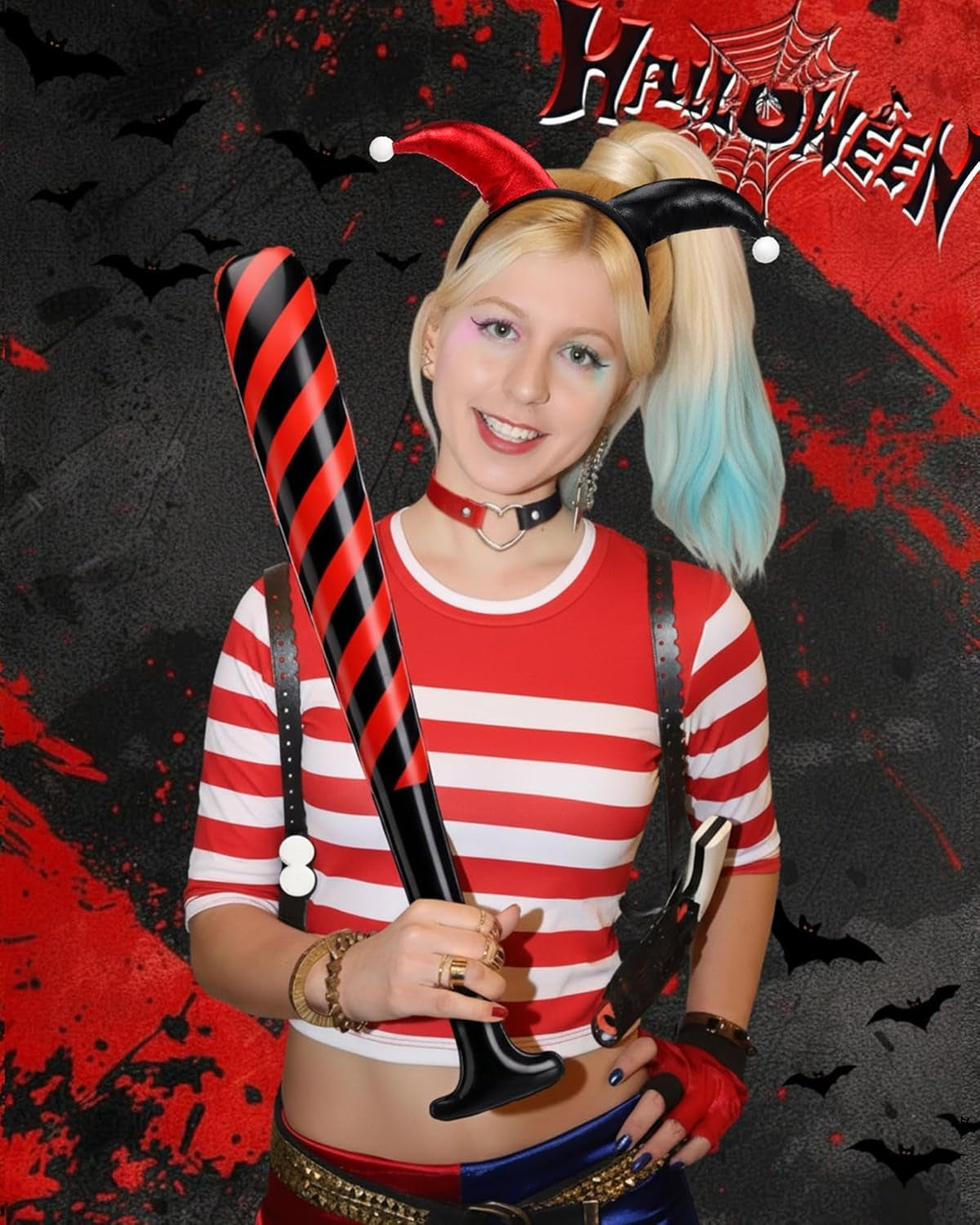 3 Pcs Halloween Joker Costume for Women Jester Inflatable Bat PU Choker Headband Cosplay Accessories for Parade Party Black, Red