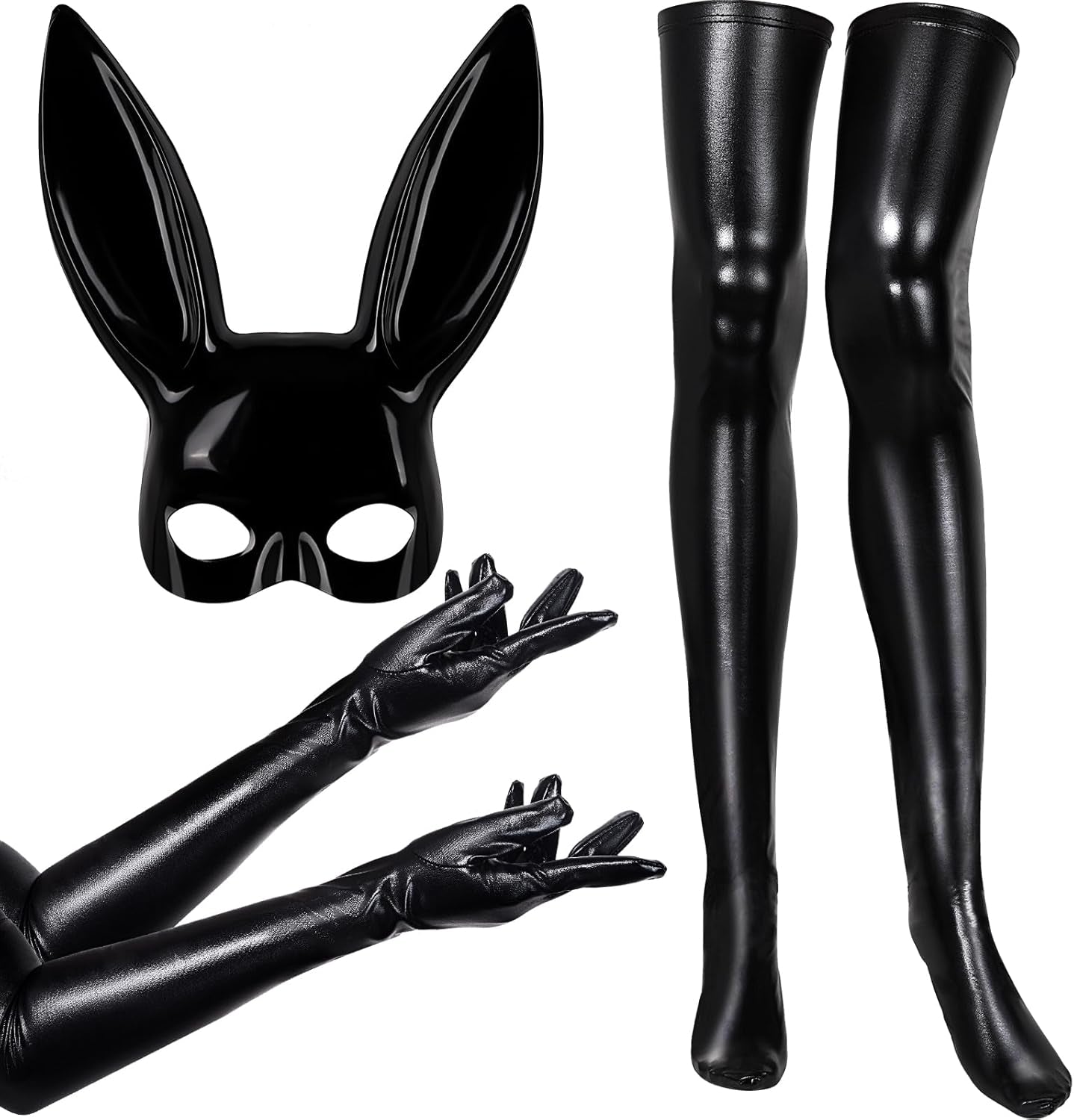 5 Pieces Women Halloween Costume Set Elastic Shiny Wet Look Long Gloves Black Wet Thigh High Stockings Rabbit Ears Masquerade Cover for Halloween Cosplay Party, Multicoloured, One Size