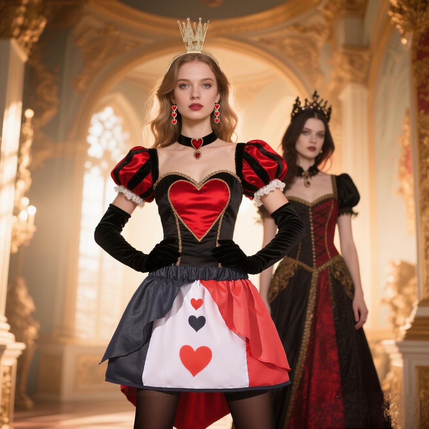 4PCS Halloween Queen Costume Red Black Heart Skirt Crown Headband Earings Gloves Anime Cosplay Party for Adult Women