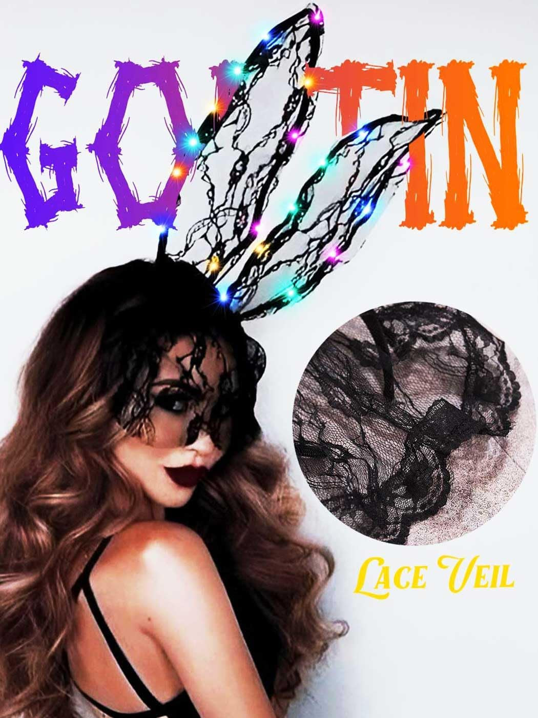 Lace Bunny Ears Light up Headband with Veil Led Black Sexy Hair Band Headpiece Halloween Masquerade Cosplay Costume Headwear Accessories for Women