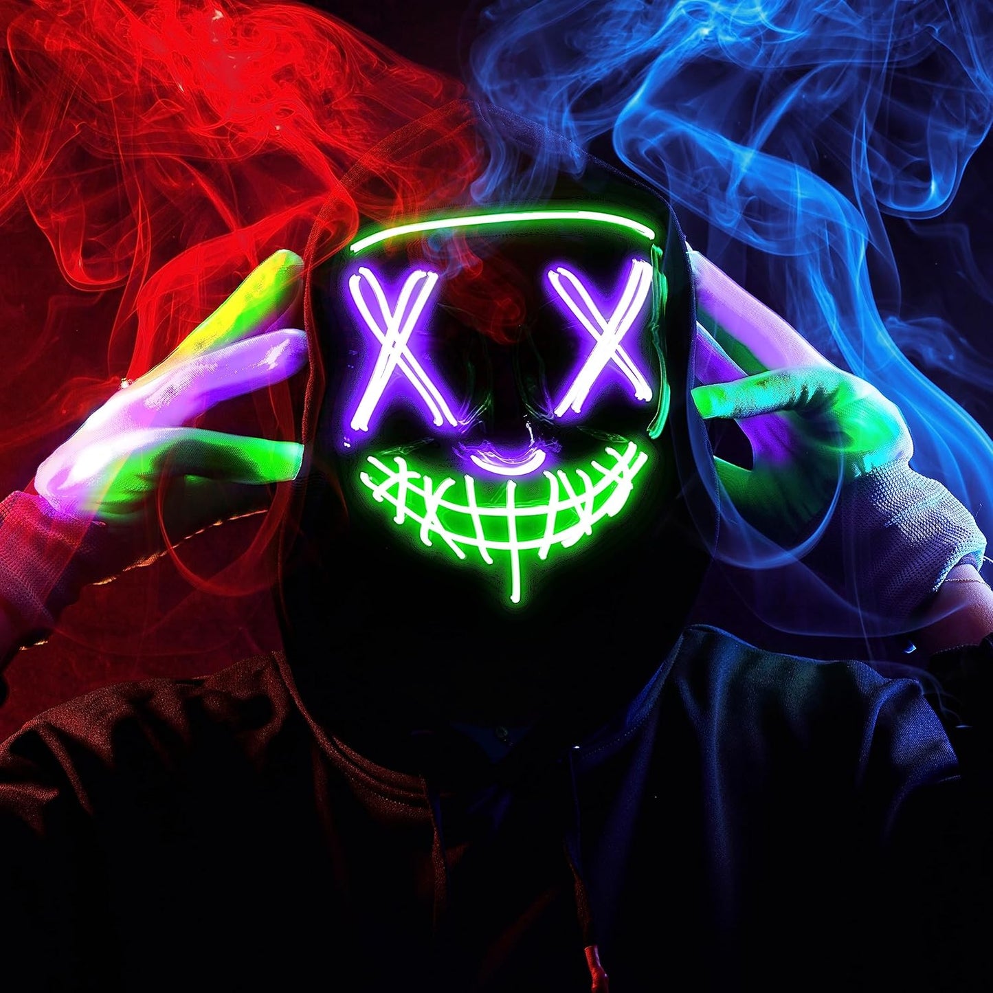 Halloween Led Mask, Light up Mask and Gloves for Cosplay Costume (Green & Purple), 3 Modes Scary Glow in the Dark Masks for Boys Girls Halloween Party Dress up Accessories, Gifts Giving