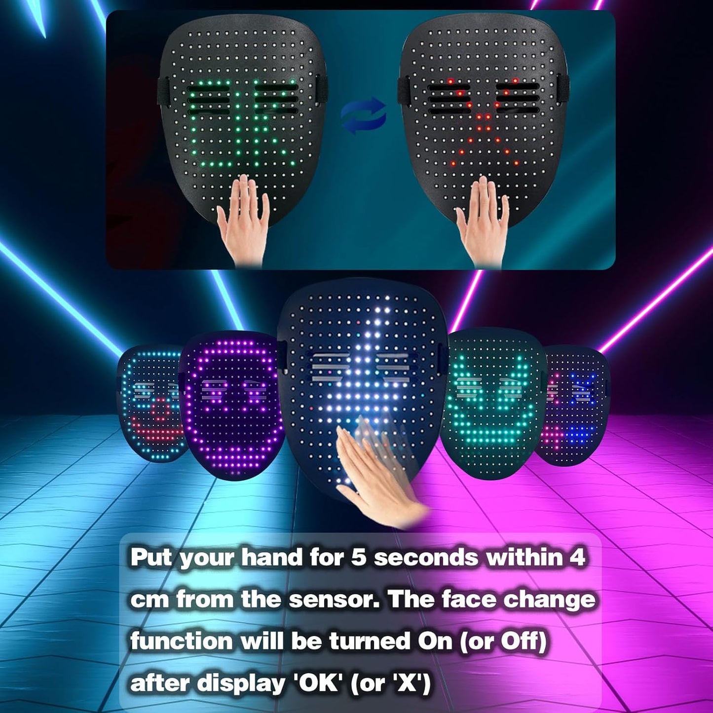 Led Mask with Gesture Sensing,Light up Mask for Kids/Men/Women LED Halloween Mask for Costume Cosplay Party