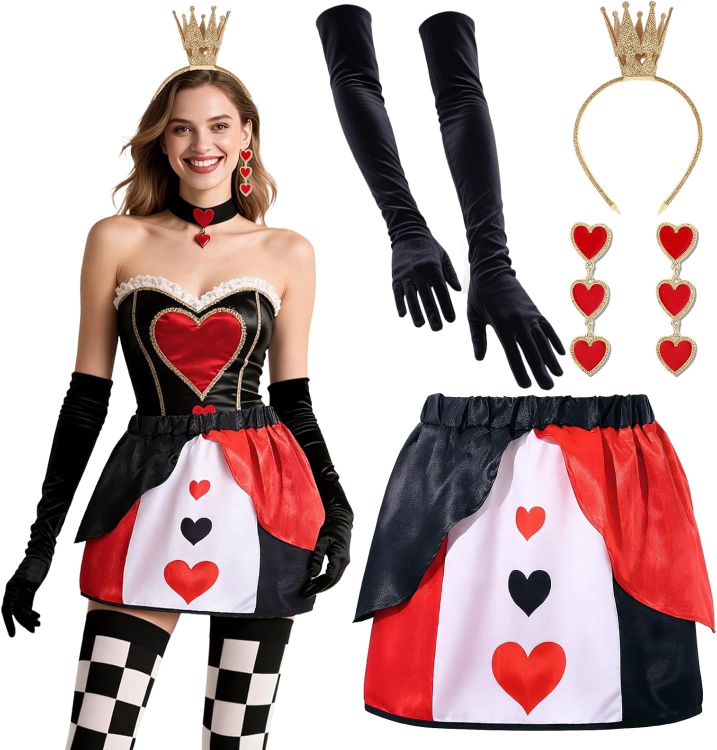 4PCS Halloween Queen Costume Red Black Heart Skirt Crown Headband Earings Gloves Anime Cosplay Party for Adult Women