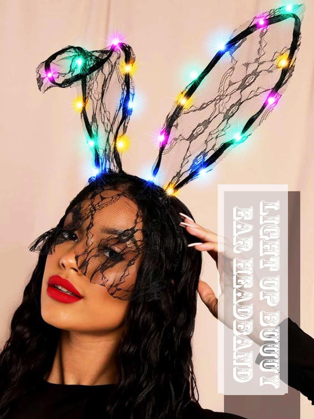 Lace Bunny Ears Light up Headband with Veil Led Black Sexy Hair Band Headpiece Halloween Masquerade Cosplay Costume Headwear Accessories for Women