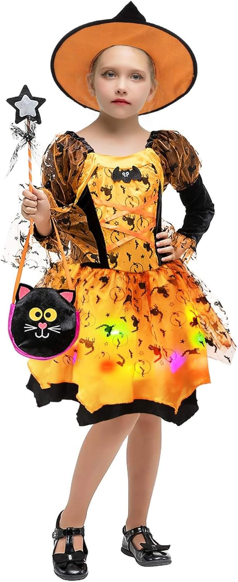 Girls Light-Up Witch Halloween Costumes Kids Fancy Dress Set