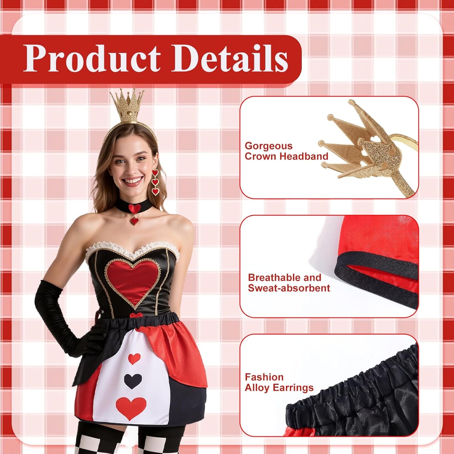 4PCS Halloween Queen Costume Red Black Heart Skirt Crown Headband Earings Gloves Anime Cosplay Party for Adult Women