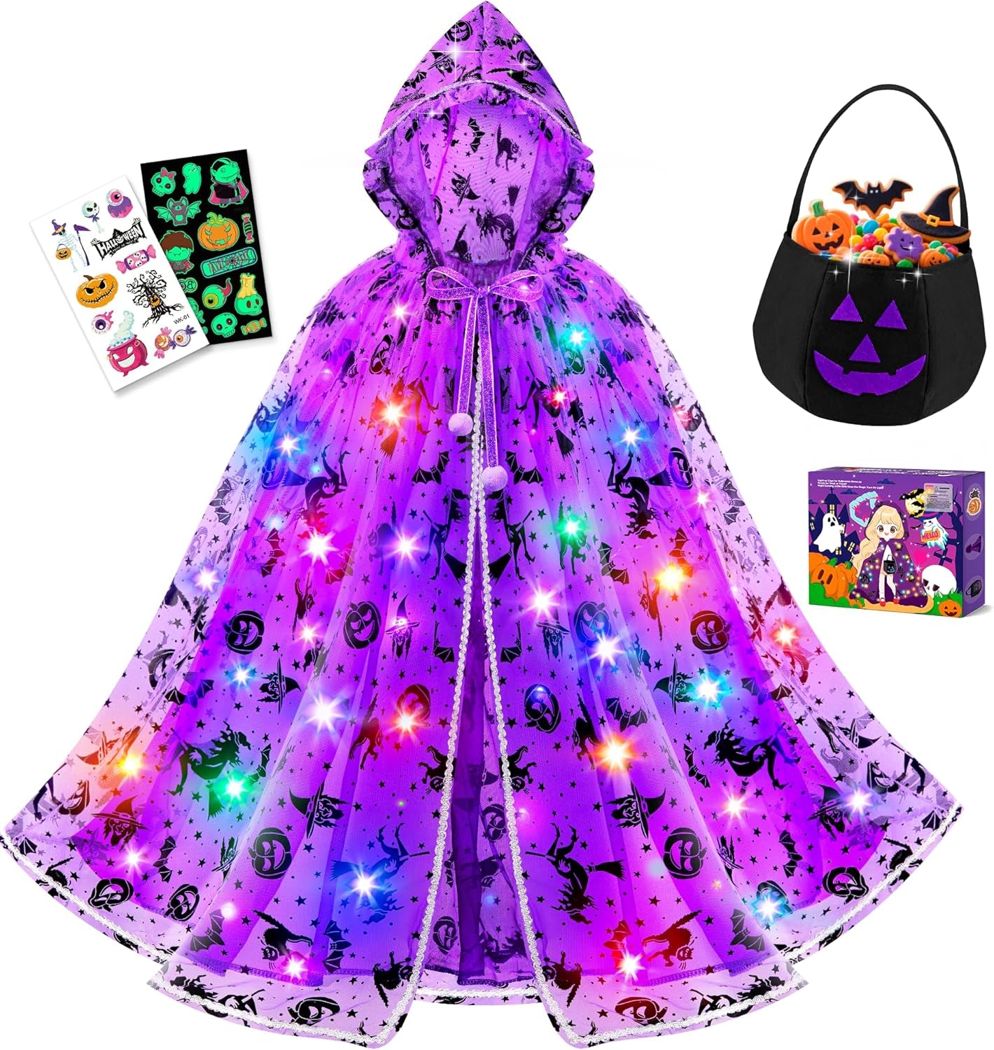 Light up Witch Cape, Halloween Costumes for Girls Halloweens Dress up with Trick or Treat Bag for Girl 3 4 5 6