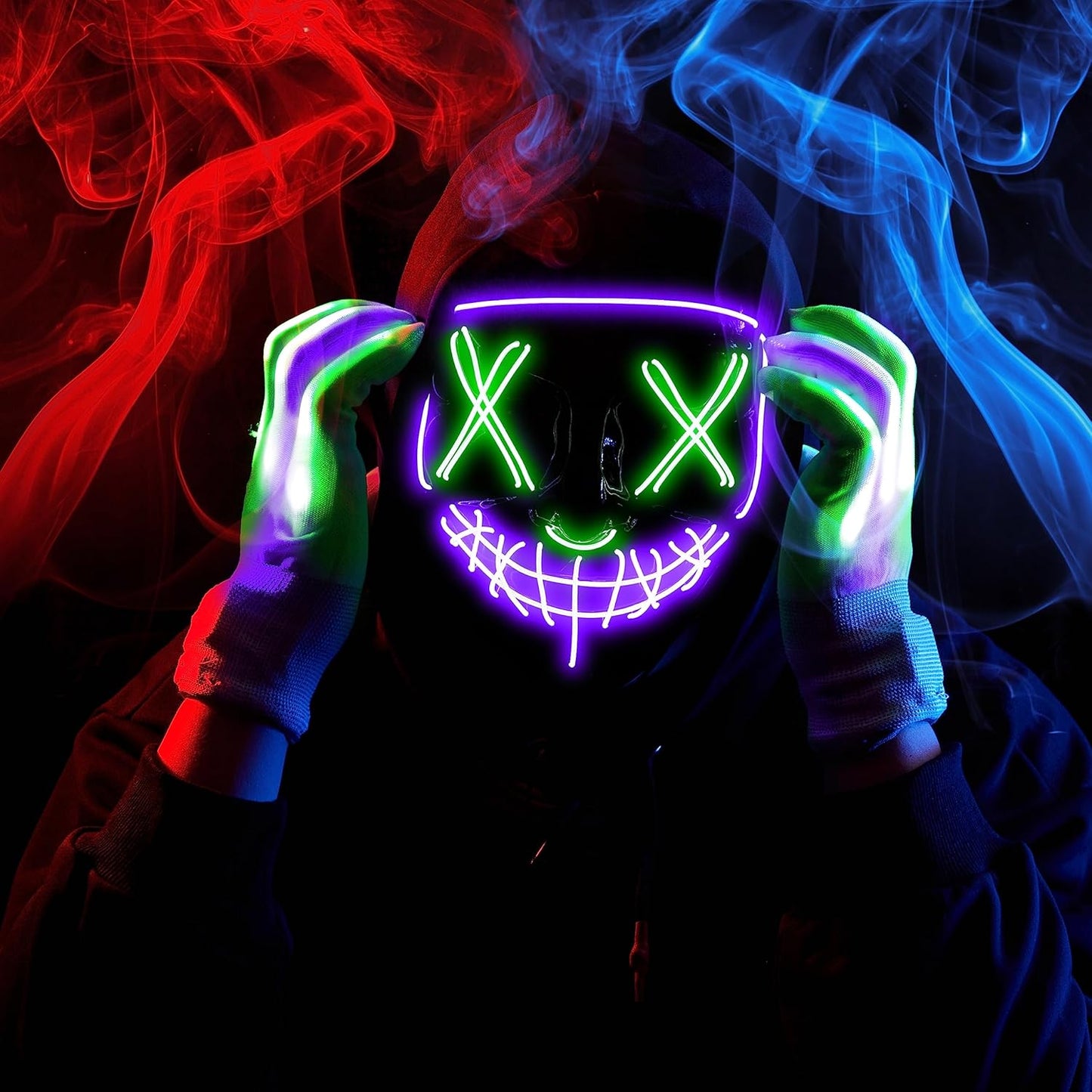 Halloween Led Mask, Light up Mask and Gloves for Cosplay Costume (Green & Purple), 3 Modes Scary Glow in the Dark Masks for Boys Girls Halloween Party Dress up Accessories, Gifts Giving