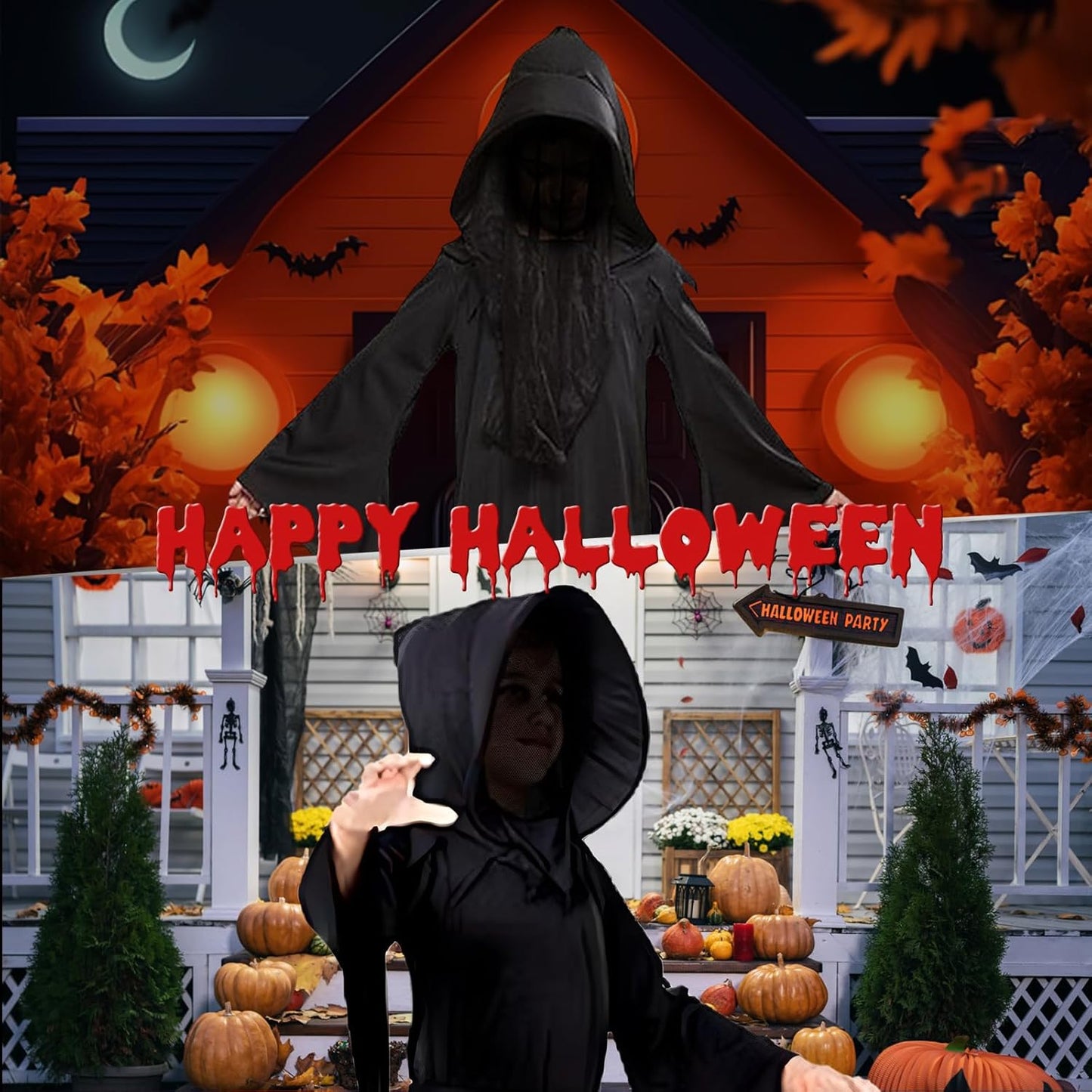 Grim Reaper Costume for Kids Boys - Black Robe with Hood, Ghost Phantom Halloween Scary Cool Reaper Cloak