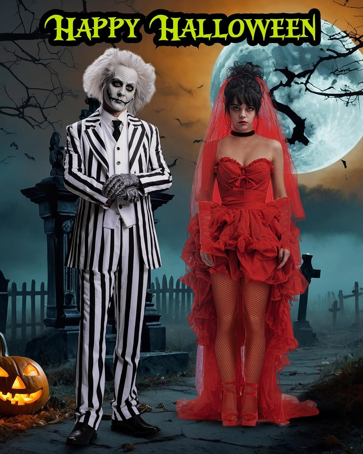 9 Pcs Halloween Adult Couple Costume Men'S Black and White Striped Suit Women'S Costume Cosplay Set Red Gothic Wedding