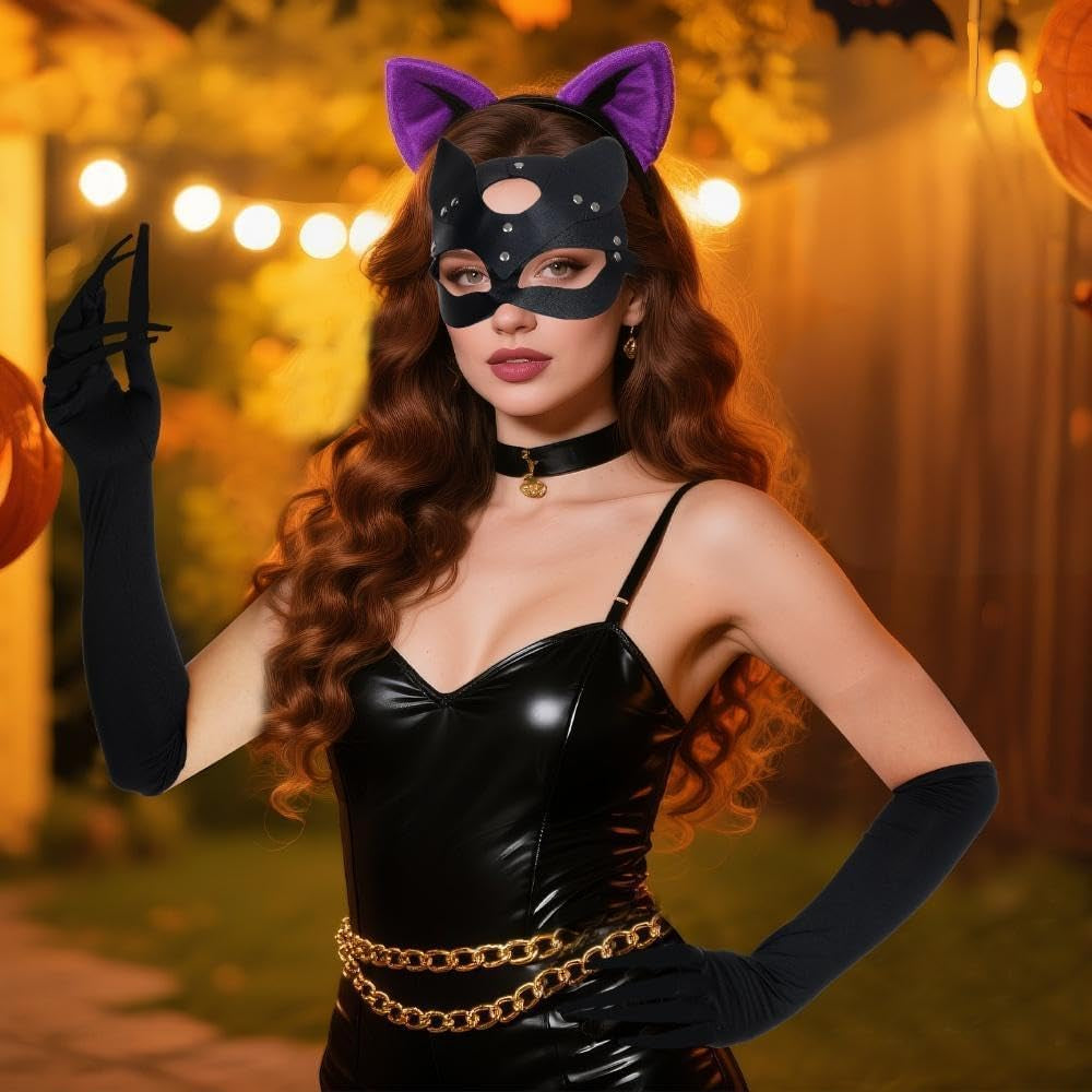 Long Finger Claw Gloves Mask Set Long Nail Gloves Black Leather Face Mask Accessories for Women Halloween Prop Cosplay Costume