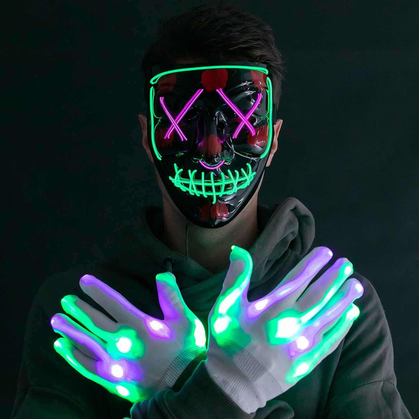 Halloween Led Mask, Light up Mask and Gloves for Cosplay Costume (Green & Purple), 3 Modes Scary Glow in the Dark Masks for Boys Girls Halloween Party Dress up Accessories, Gifts Giving