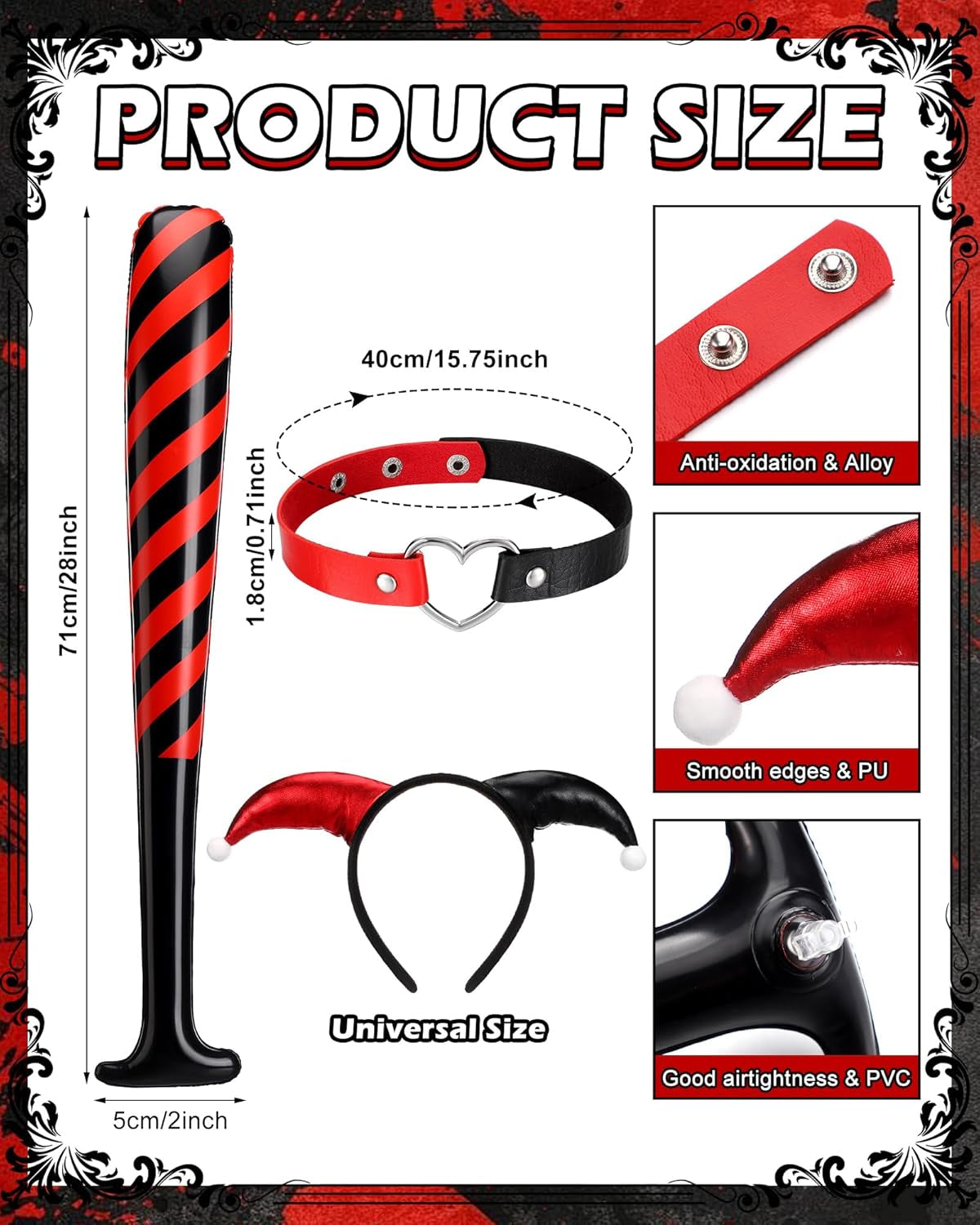 3 Pcs Halloween Joker Costume for Women Jester Inflatable Bat PU Choker Headband Cosplay Accessories for Parade Party Black, Red