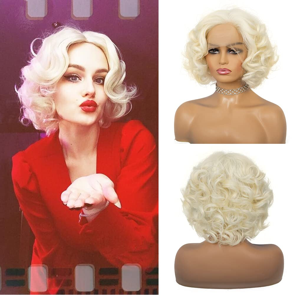 Short Blonde Curly Wigs for Women Honey Blonde Side Part Synthetic Wig Cosply Daily Halloween Wigs