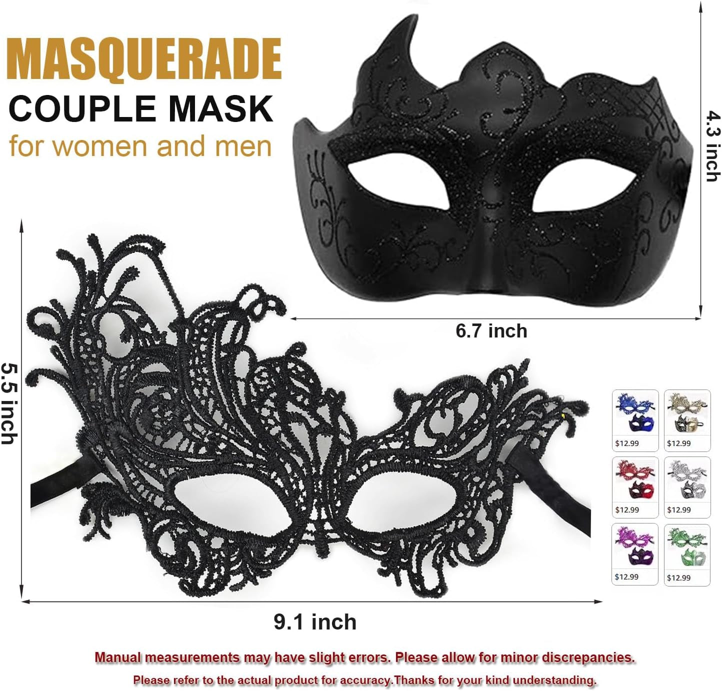 Masquerade Mask for Women Couple Mardi Gras Mask for Men Venetian Halloween Mask for Party Prom Ball