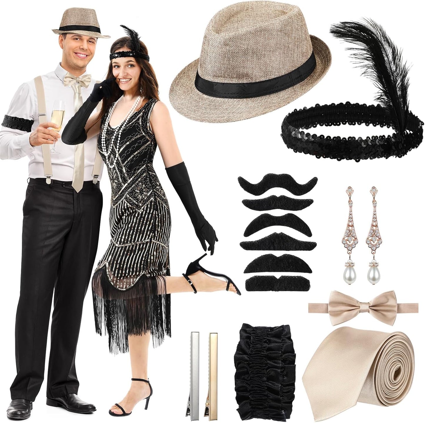 1920S Couple Cosplay Costume Roaring Retro Gangster Costume Fringed Flapper Dresses for Women 1920 Mens Outfit