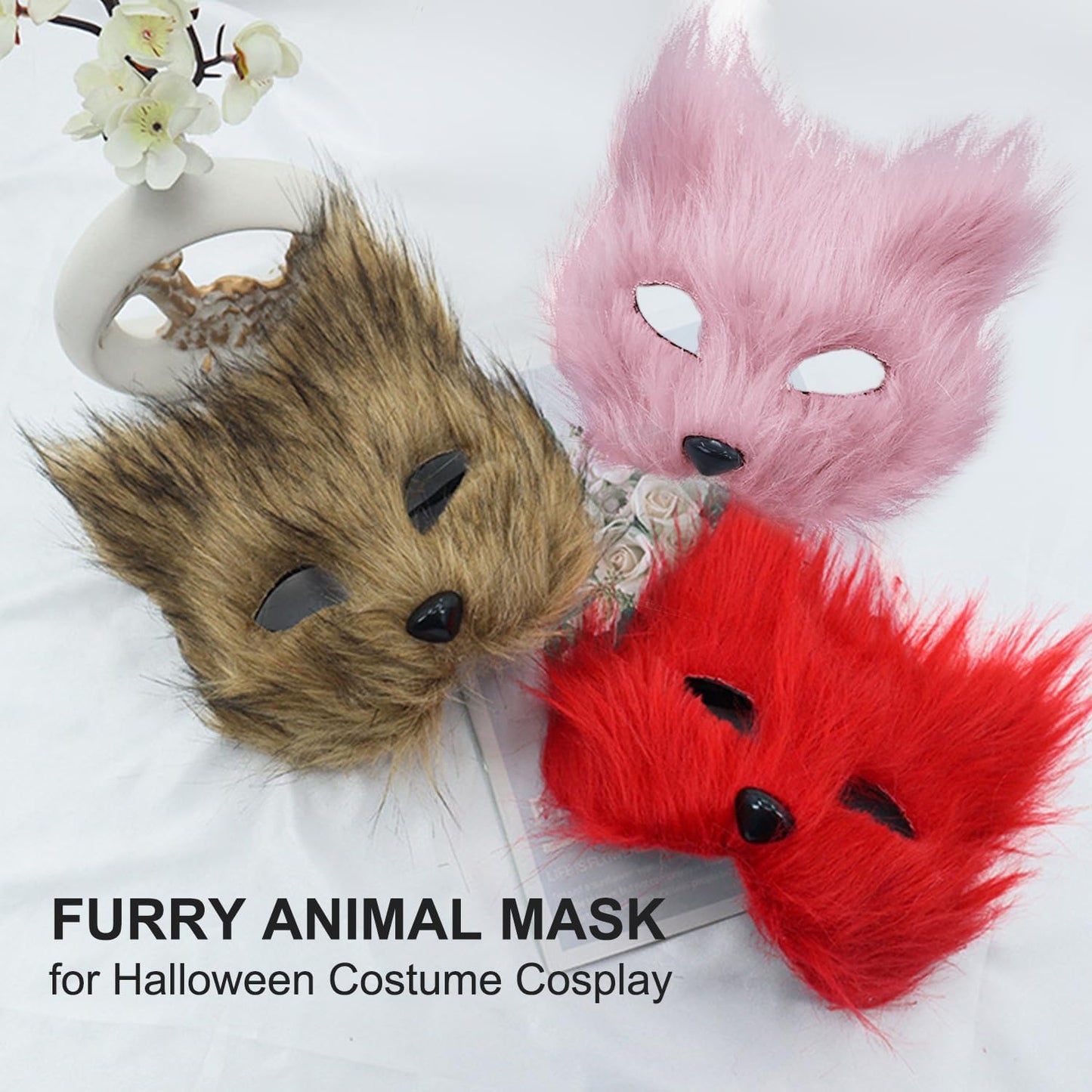 Halloween Scary Mask Masquerade Mask Faux Fur Fox Cat Bear Animal Furry Plush Mask Fluffy for Halloween Costume Party