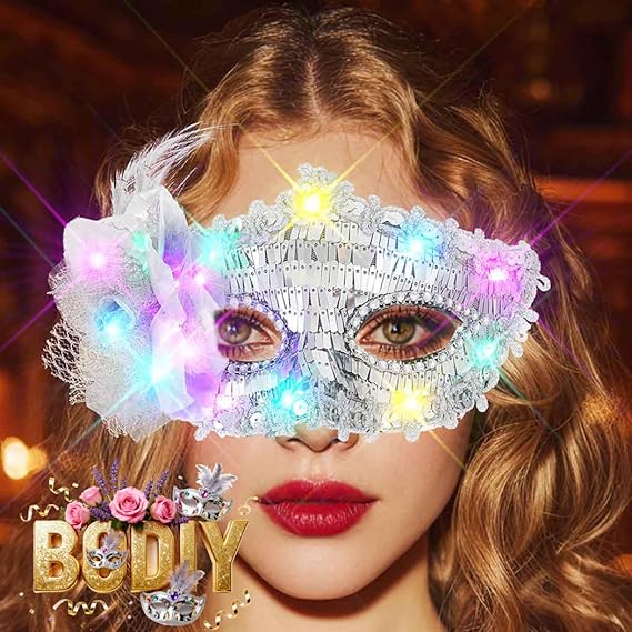 Light up Masquerade Mask Halloween Black Venetian Masks Prom Costume Eye Mask for Women