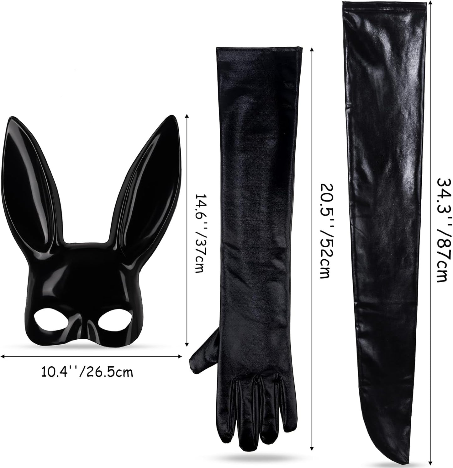 5 Pieces Women Halloween Costume Set Elastic Shiny Wet Look Long Gloves Black Wet Thigh High Stockings Rabbit Ears Masquerade Cover for Halloween Cosplay Party, Multicoloured, One Size