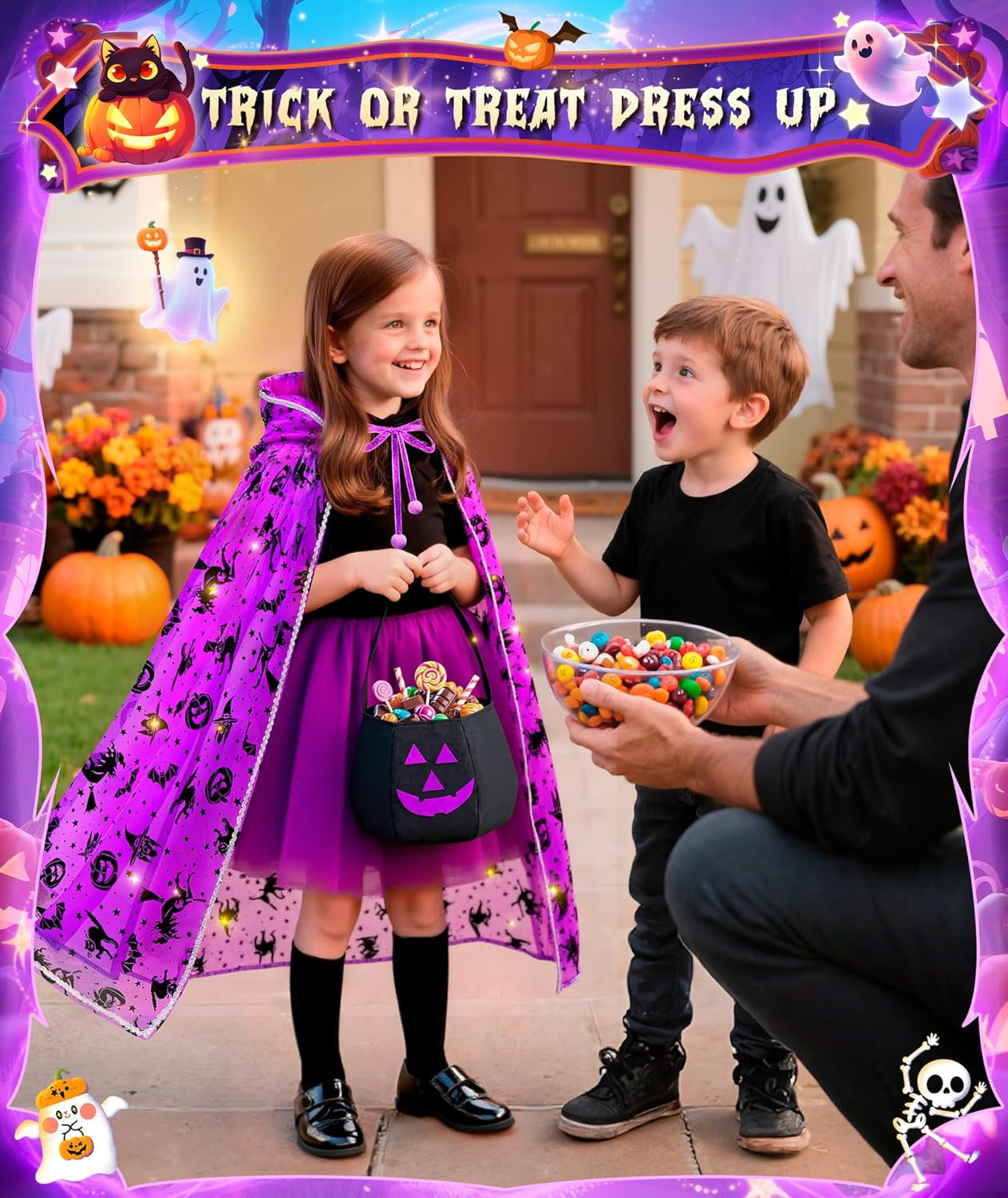 Light up Witch Cape, Halloween Costumes for Girls Halloweens Dress up with Trick or Treat Bag for Girl 3 4 5 6