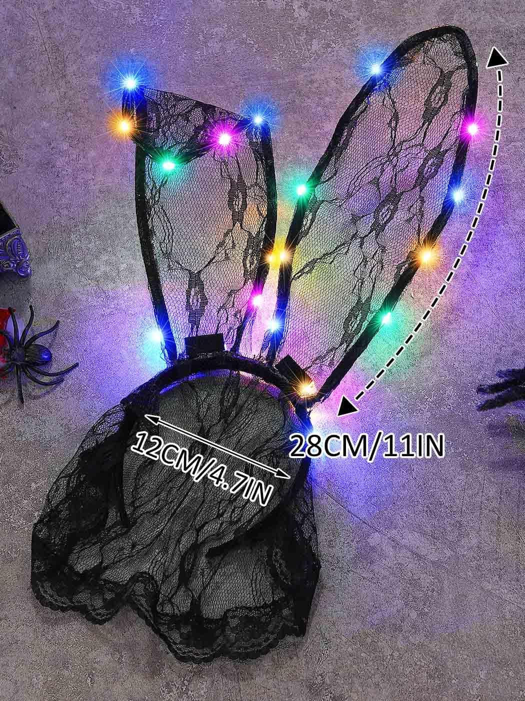 Lace Bunny Ears Light up Headband with Veil Led Black Sexy Hair Band Headpiece Halloween Masquerade Cosplay Costume Headwear Accessories for Women