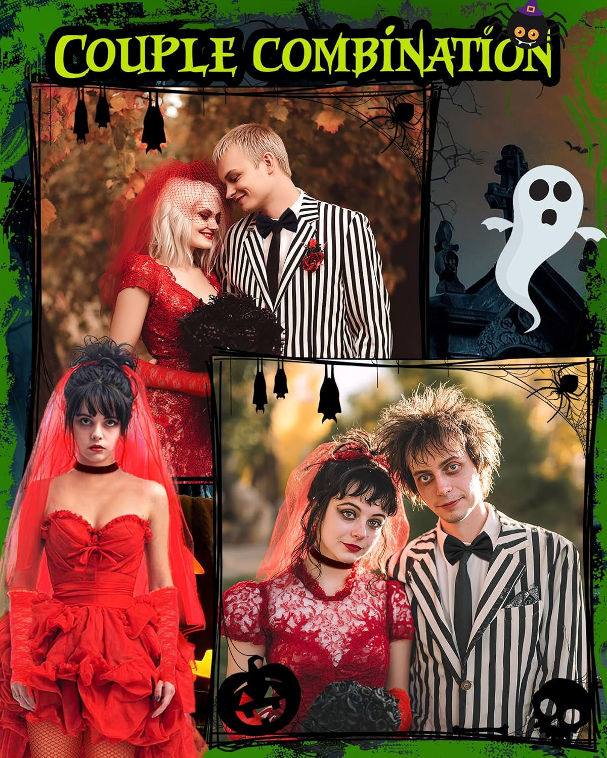 9 Pcs Halloween Adult Couple Costume Men'S Black and White Striped Suit Women'S Costume Cosplay Set Red Gothic Wedding