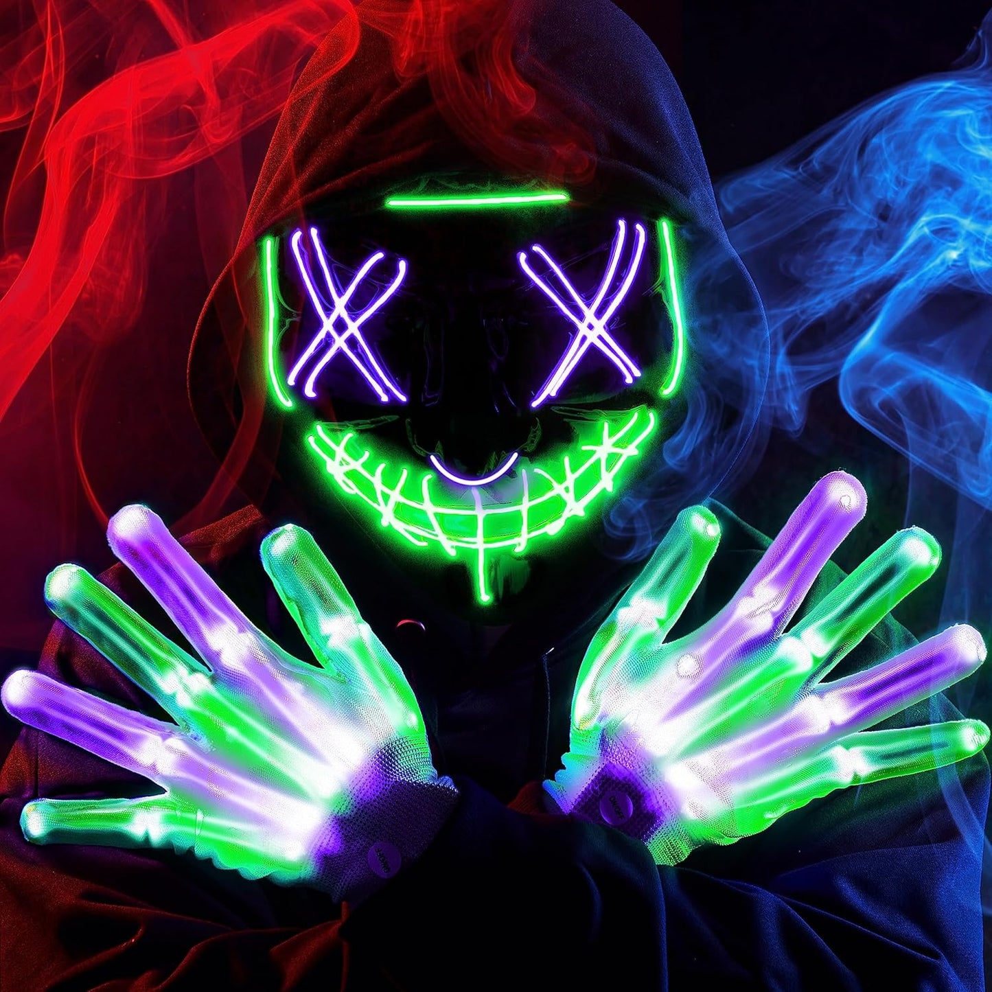 Halloween Led Mask, Light up Mask and Gloves for Cosplay Costume (Green & Purple), 3 Modes Scary Glow in the Dark Masks for Boys Girls Halloween Party Dress up Accessories, Gifts Giving