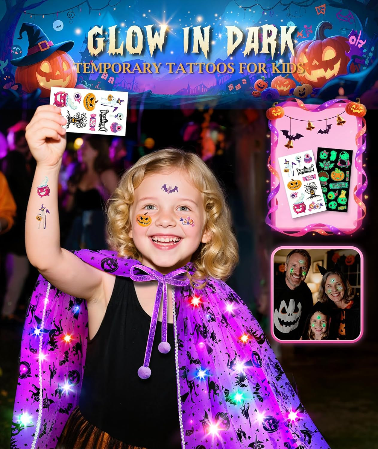 Light up Witch Cape, Halloween Costumes for Girls Halloweens Dress up with Trick or Treat Bag for Girl 3 4 5 6