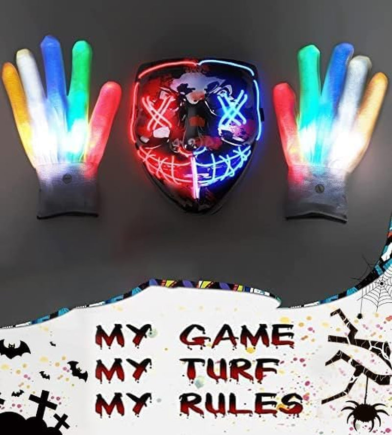 Halloween Glow Mask Skeleton Gloves Set, 3 Modes Light up Scary LED Mask with LED Glow Gloves, Halloween Costumes Glow Purge Masks
