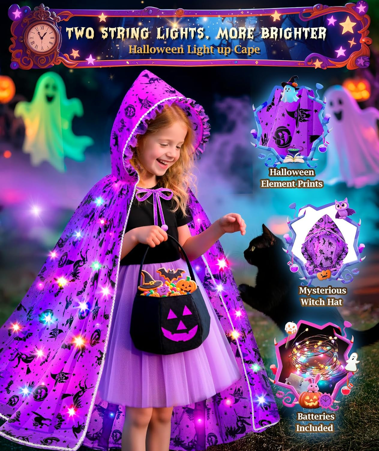Light up Witch Cape, Halloween Costumes for Girls Halloweens Dress up with Trick or Treat Bag for Girl 3 4 5 6