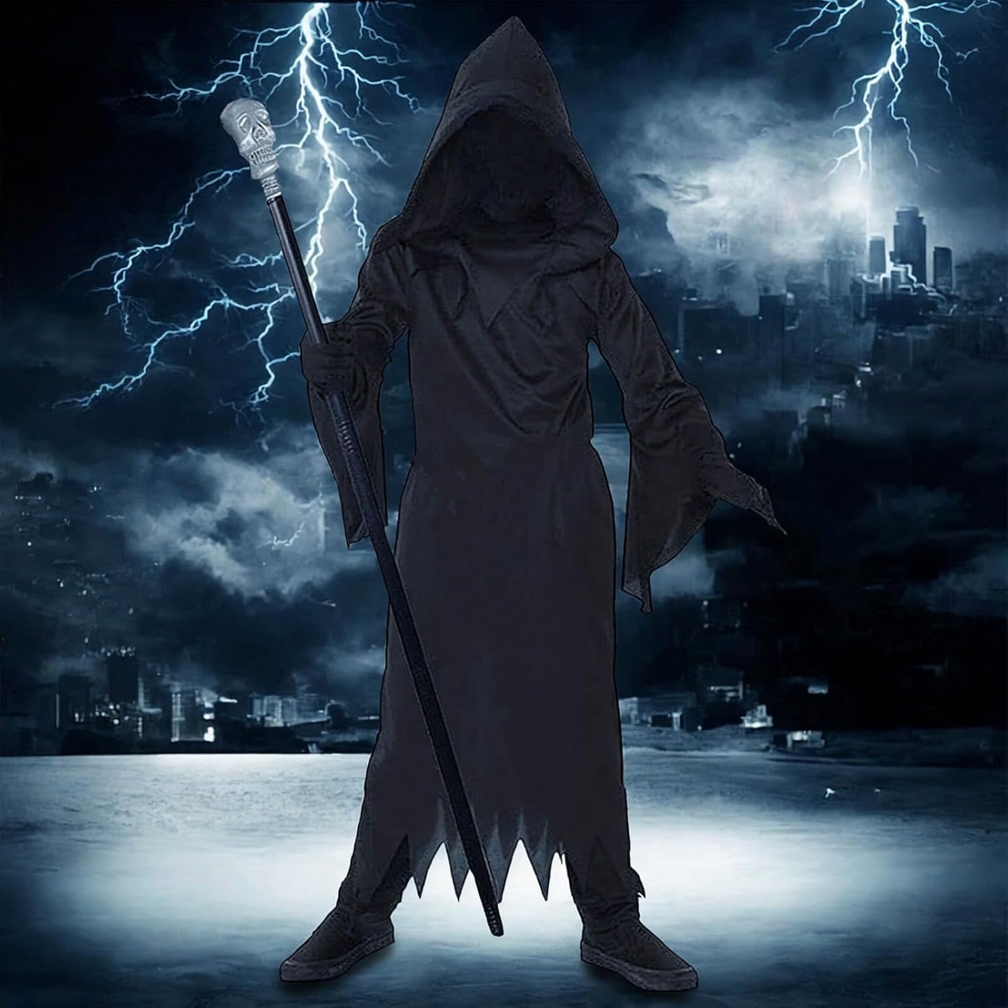 Grim Reaper Costume for Kids Boys - Black Robe with Hood, Ghost Phantom Halloween Scary Cool Reaper Cloak