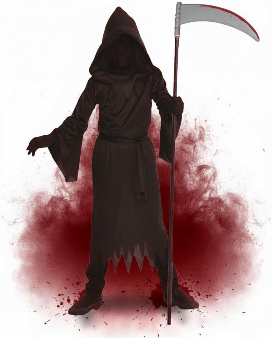 Grim Reaper Costume for Kids Boys - Black Robe with Hood, Ghost Phantom Halloween Scary Cool Reaper Cloak
