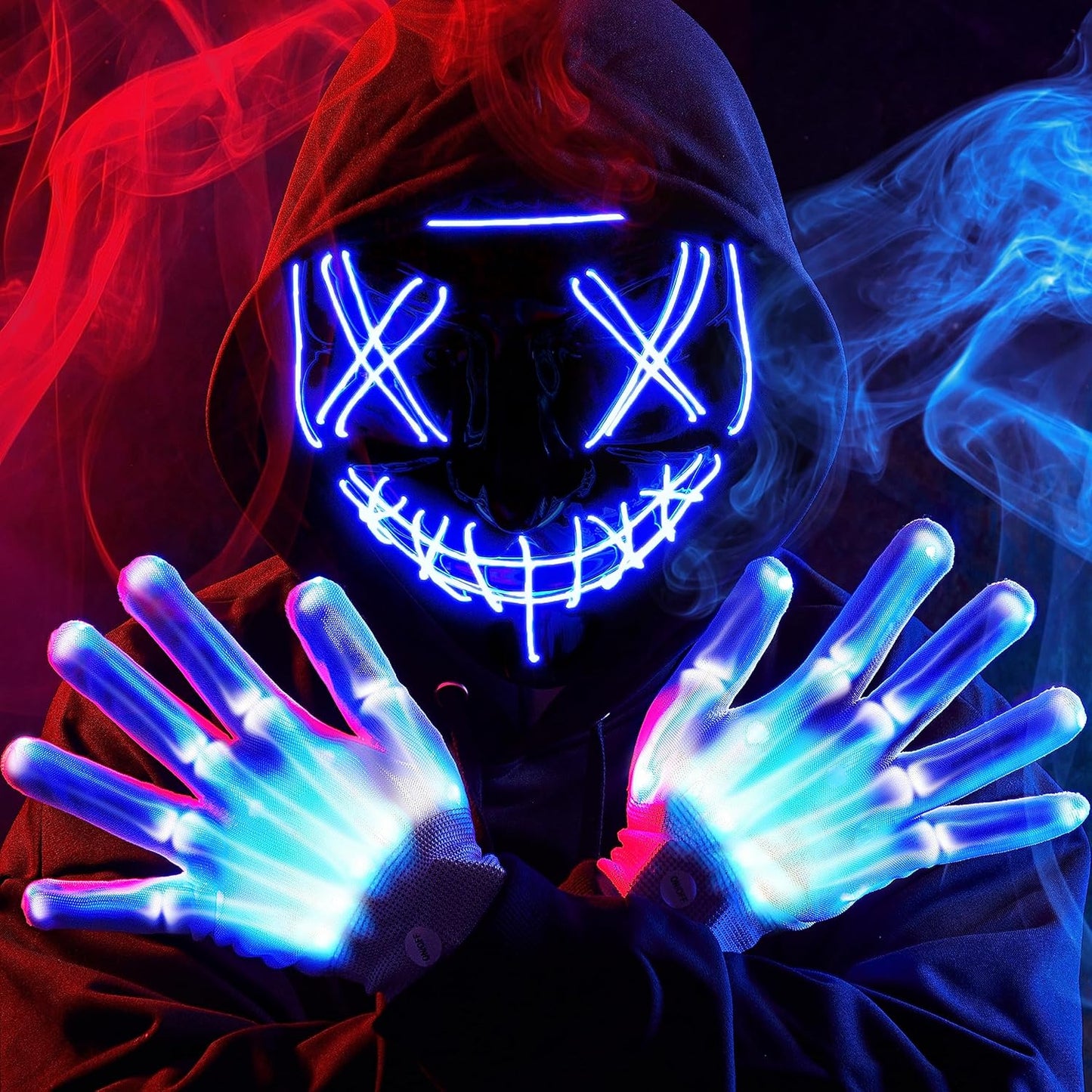 Halloween Led Mask, Light up Mask and Gloves for Cosplay Costume (Green & Purple), 3 Modes Scary Glow in the Dark Masks for Boys Girls Halloween Party Dress up Accessories, Gifts Giving