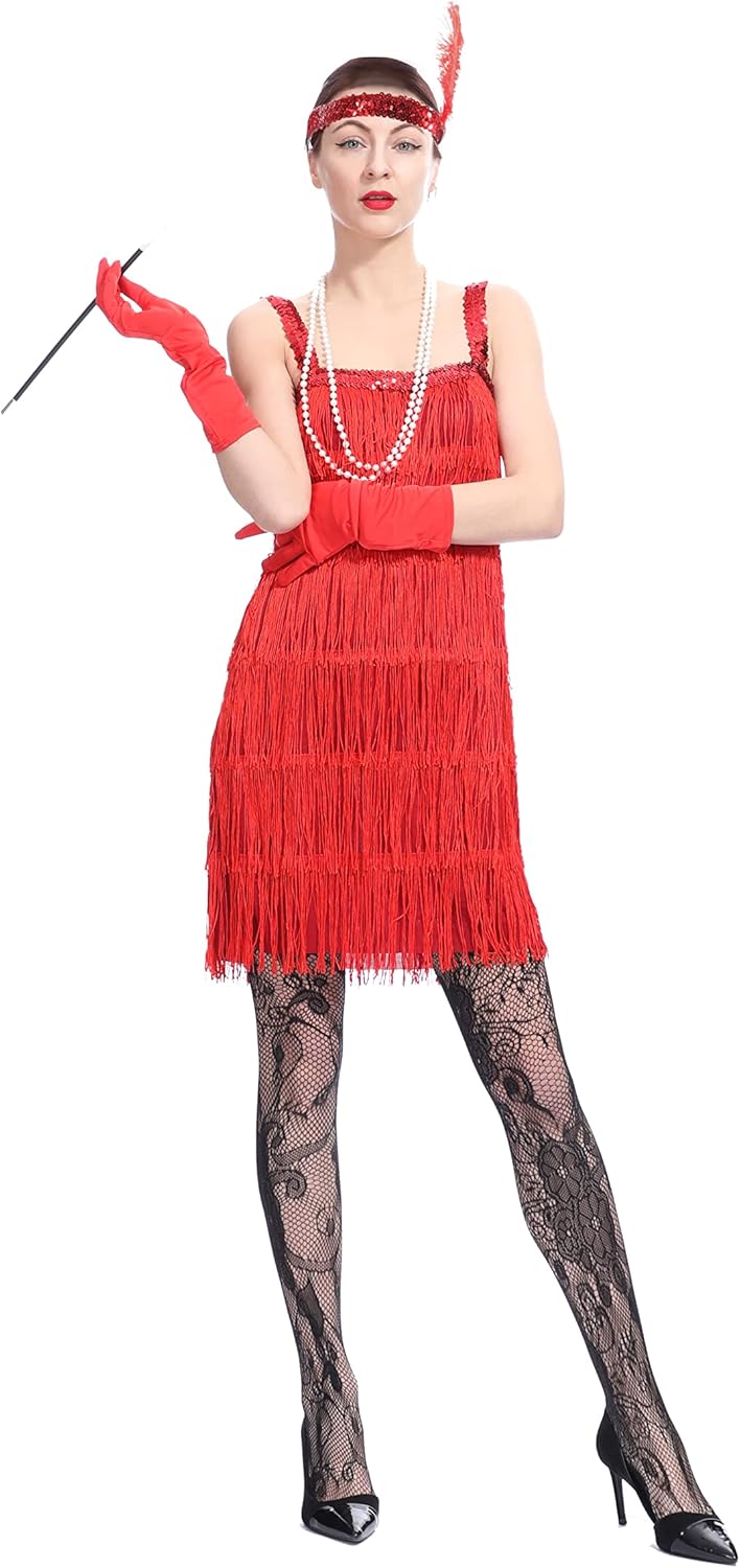 Women'S 1920S Fringed Flapper Costume with Feather Headband,Beaded Necklace