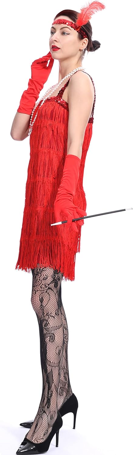 Women'S 1920S Fringed Flapper Costume with Feather Headband,Beaded Necklace