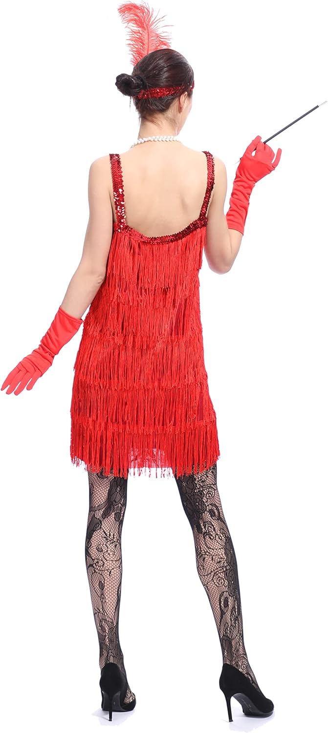 Women'S 1920S Fringed Flapper Costume with Feather Headband,Beaded Necklace