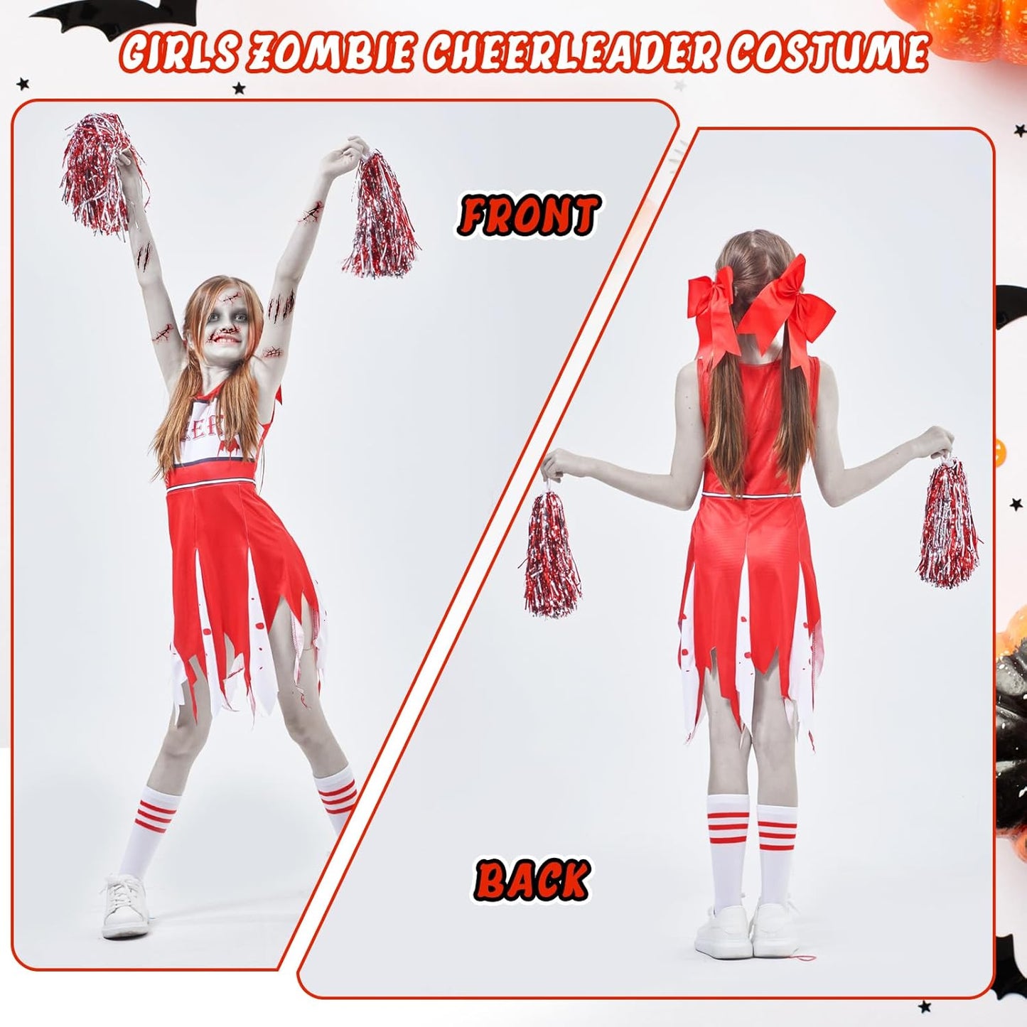 5Pcs Halloween Zombie Cheerleader Costume Set Include Dress Socks Bow Hair Rings Scar Sticker Fake Blood Spray