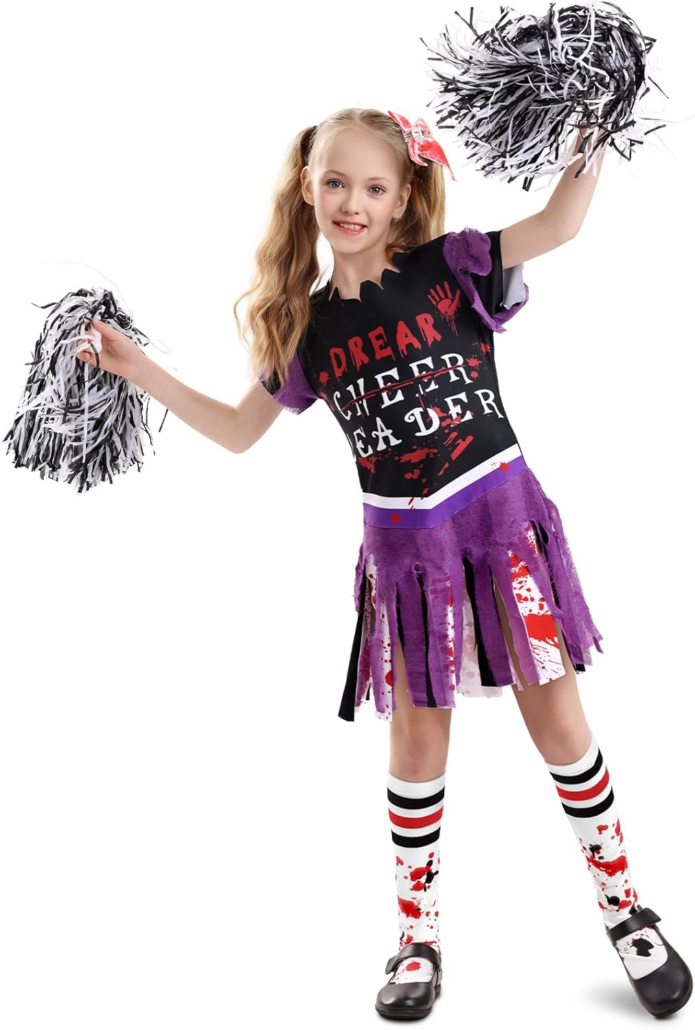 Zombie Cheerleader Costume for Girls Scary Cheerless Halloween Costumes Set,Kids Dead Cheerleading Outfit