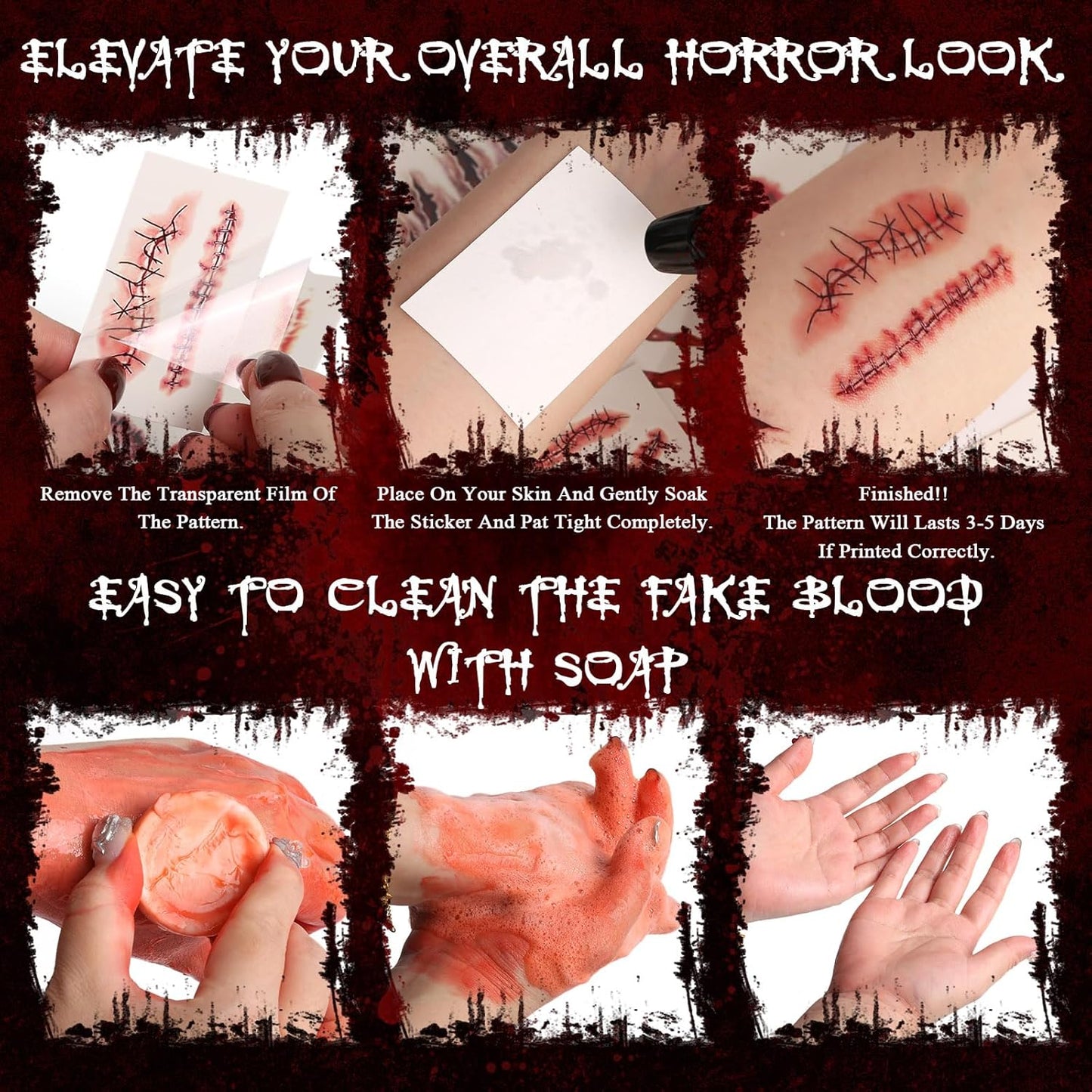 Halloween Makeup Fake Blood Kit- Washable Dark Spray + Fresh Dripping + Blood Thick Gel, Blood Capsule, Stipple Sponge & Soap, Realistic Scar Tattoo for SFX Zombie Clown Mouth Clothes