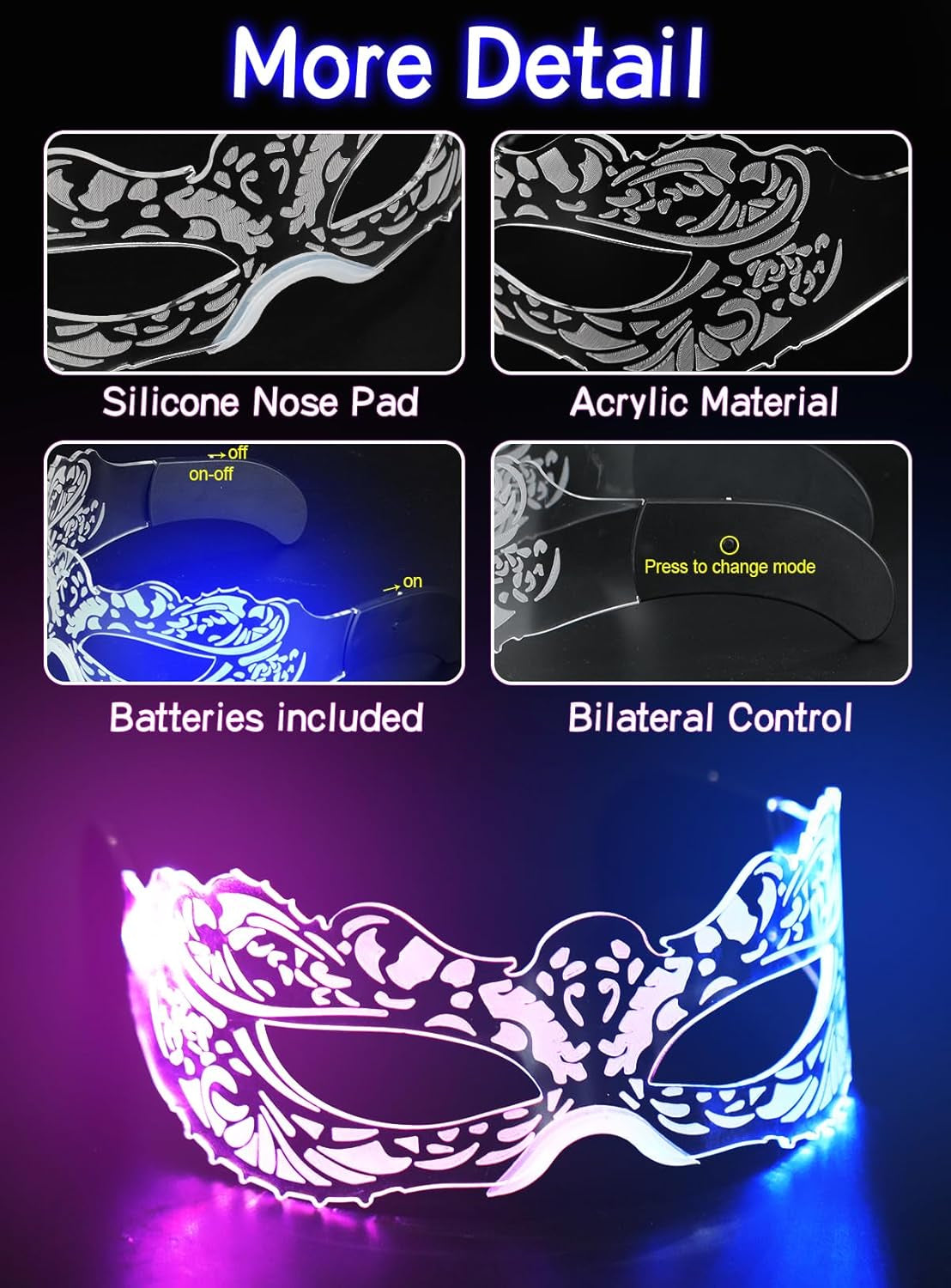 LED Rave Glasses Balaclava Hood, Glow in Dark Light up Neon Sunglasses Festival Outfit Halloween Cosplay