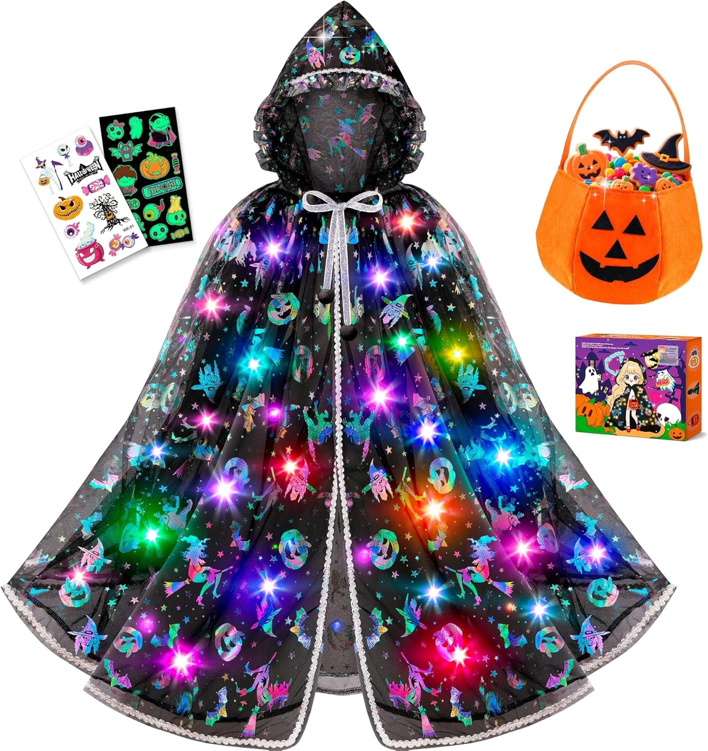 Light up Witch Cape, Halloween Costumes for Girls Halloweens Dress up with Trick or Treat Bag for Girl 3 4 5 6