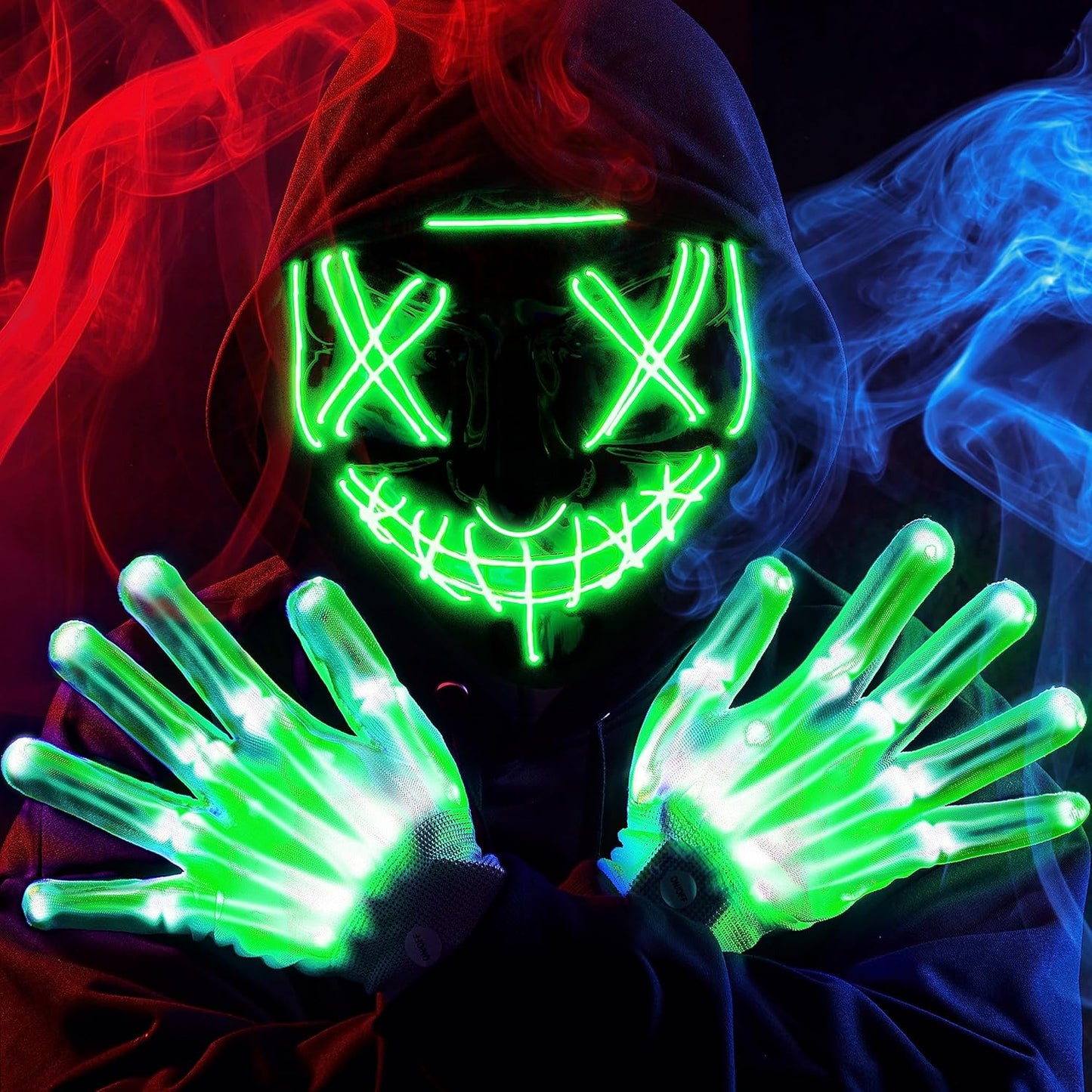 Halloween Led Mask, Light up Mask and Gloves for Cosplay Costume (Green & Purple), 3 Modes Scary Glow in the Dark Masks for Boys Girls Halloween Party Dress up Accessories, Gifts Giving