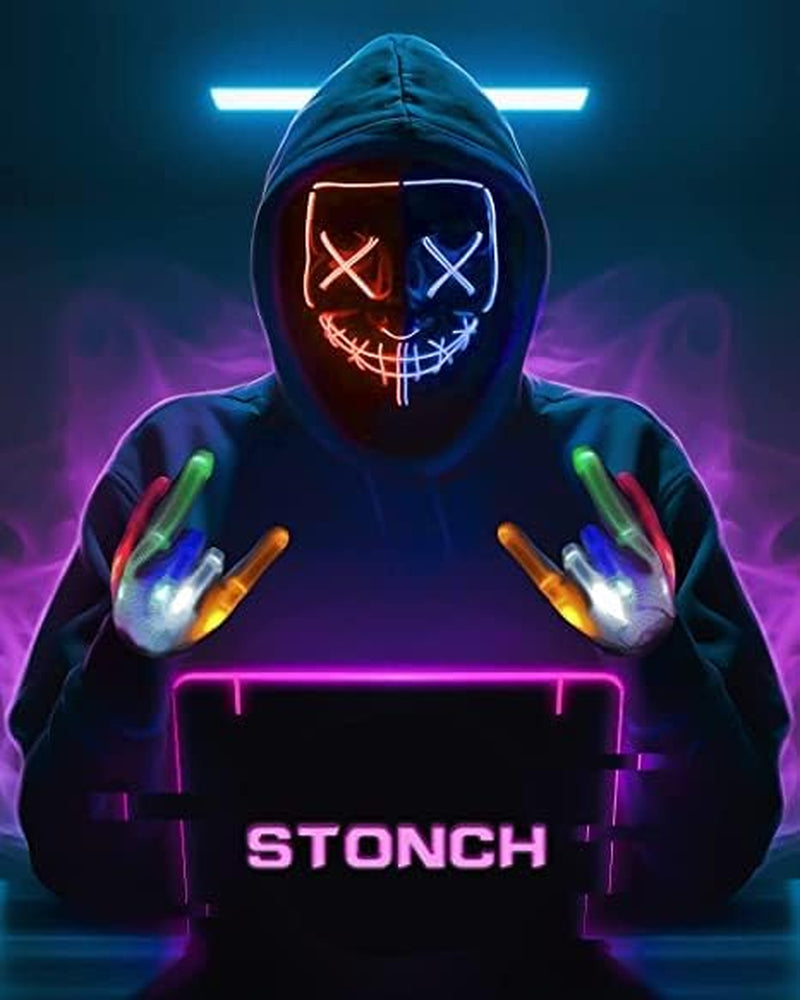 Halloween Glow Mask Skeleton Gloves Set, 3 Modes Light up Scary LED Mask with LED Glow Gloves, Halloween Costumes Glow Purge Masks