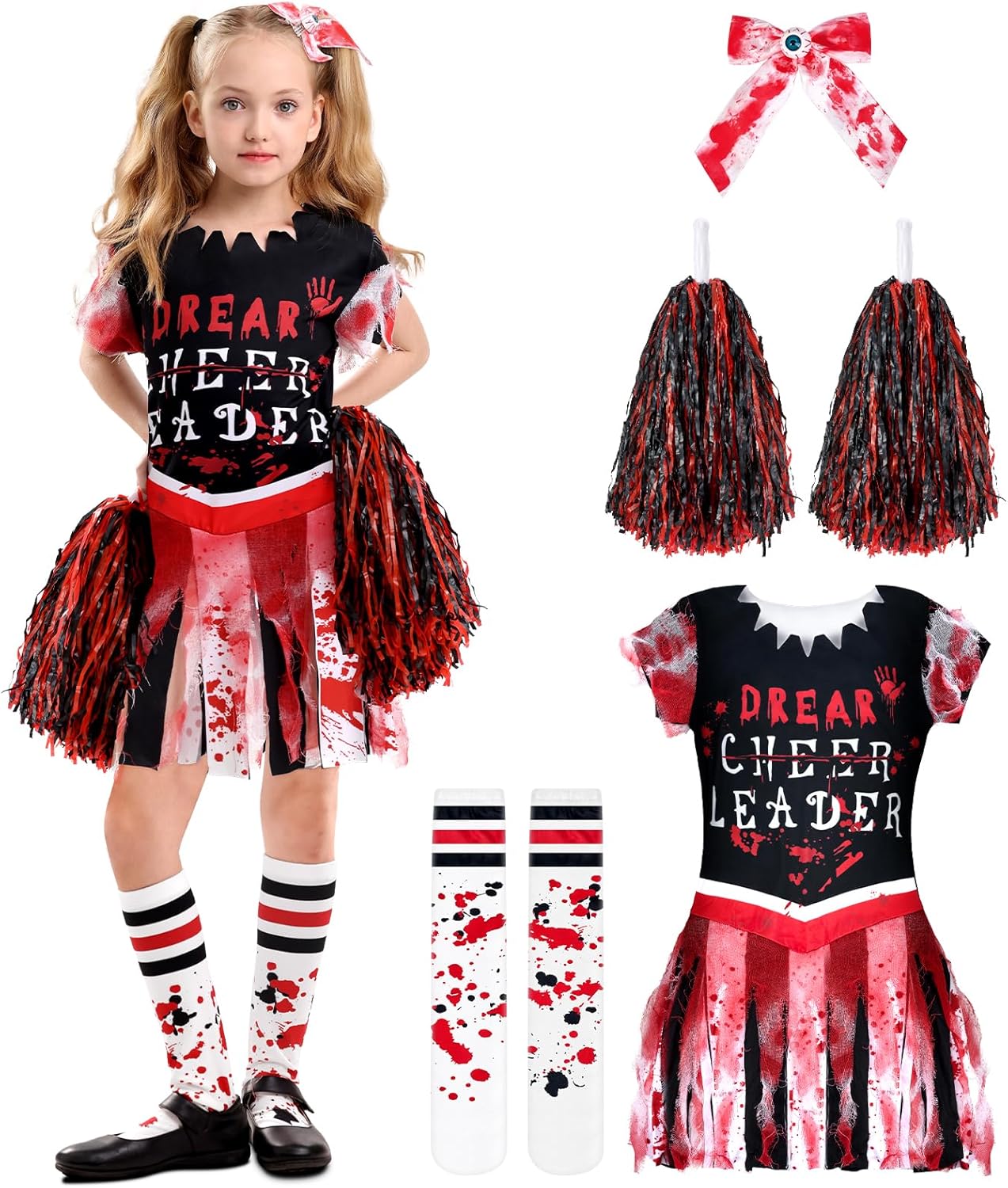 Zombie Cheerleader Costume for Girls Scary Cheerless Halloween Costumes Set,Kids Dead Cheerleading Outfit